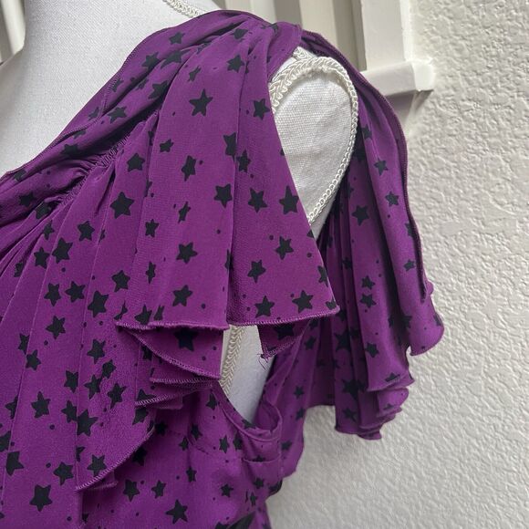 GRYPHON NWT Belle Mini Dress L Asymmetric Purple Star 100% Silk Drape Fairy - Picture 4 of 8